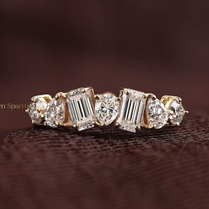 Multiförmiger Diamant-Hochzeitsring, Smaragd, Birne und Rund Labor gewachsener Diamant Band, halbe Ewigkeit Cluster Band, Brautvorschlag Geschenk für Sie