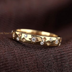 Lab Grown Diamond Celestial Star Wedding Band, Flush Set Starburst Eternity Ring, 14K Gold Matching Stackable Band, Anniversary Gift for Her