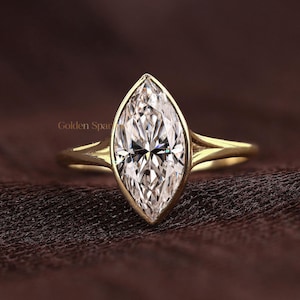 Bezel Set Marquise Cut Lab Grown Diamond Solitaire Ring, IGI Certified 2 CT E/VVS Split Shank Ring, 14K Gold Engagement Ring, Gift for Her