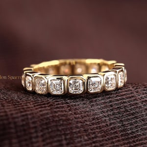 Asscher Cut Lab Grown Diamond Eternity Band - Bezel Set Solid Gold