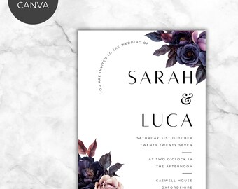 May include: A wedding invitation with the names "SARAH & LUCA" in a modern font. The invitation features dark purple and mauve floral accents. The text "EDIT IN CANVA" is in a circle in the upper left corner.