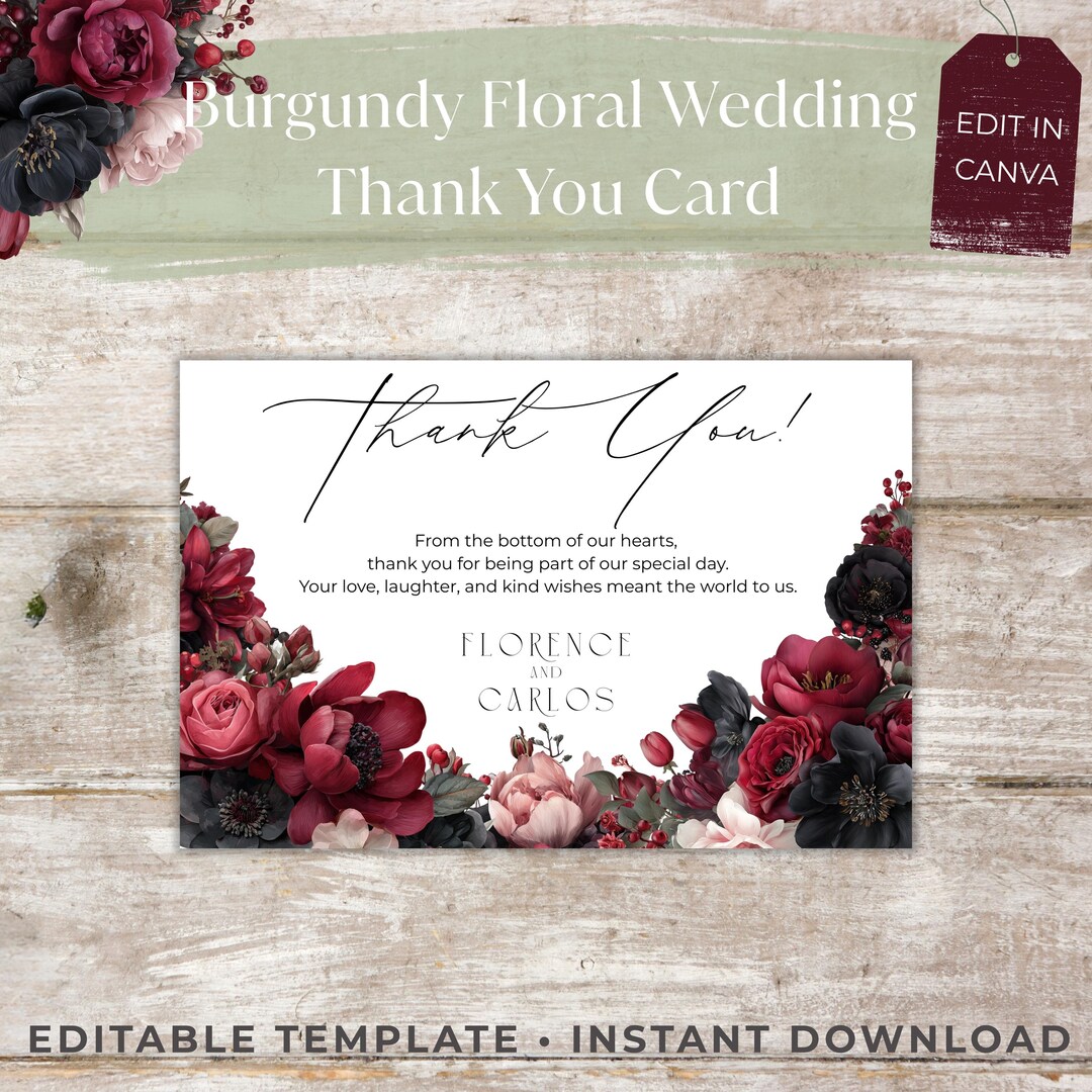 Burgundy Floral Thank You Card Template | Deep Red Rose Design | Canva ...