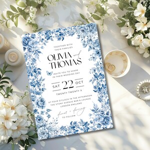 Blue Toile Wedding Invitation, Digital Editable Template, Elegant Classic Printable Invite, Instant Download, BTL01