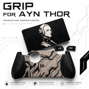 Puede incluir: Un agarre para juegos para AYN THOR, con un diseño negro y beige y patrones de circuitos. Incluye botones L2 y R2 y una almohadilla negra con un retrato de mujer. El texto dice "GRIP FOR AYN THOR" y "ENHANCED GRIP. MAXIMUM CONTROL."