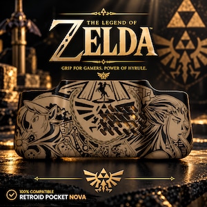 May include: A black and gold gaming grip for the Retroid Pocket Nova featuring The Legend of Zelda branding. The surface displays intricate black line art of Link and Zelda, the Triforce symbol, and the text Grip for gamers. Power of Hyrule.