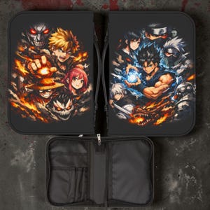 May include: Black zippered pencil case with a vibrant anime-style illustration. The design features multiple characters with fiery and energetic visual elements. The case is open, revealing interior pockets.