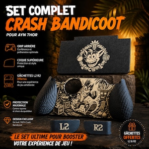 Puede incluir: Un conjunto completo de Crash Bandicoot para el dispositivo de juego Ayn Thor. El conjunto incluye una cubierta negra con un gráfico de Crash Bandicoot, dos agarres texturizados y botones L2 y R2. Diseñado para un mejor agarre y protección.