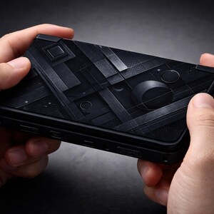 May include: A black handheld games console with a geometric design. The device is held in two hands and features a textured surface with various shapes and patterns. The overall aesthetic is modern and sleek, with a focus on dark tones and intricate details.