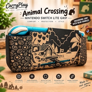 May include: A black Nintendo Switch Lite grip featuring laser-engraved Animal Crossing graphics, including a house, palm trees, and circular icons. The case has a cutout for the blue console and text reading CarryPlay, Animal Crossing, and Nintendo Switch Lite Grip.