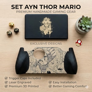 May include: A black rectangular gaming console case featuring a laser-engraved Princess Peach and a black gaming controller grip with a detailed Mario character illustration. The text reads SET AYN THOR MARIO, PREMIUM HANDMADE GAMING GEAR, and EXCLUSIVE DESIGNS.