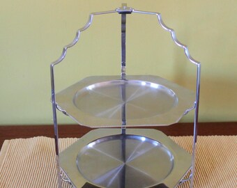 Vintage Old Hall zweistöckige klappbare Edelstahl Etagere Art Deco