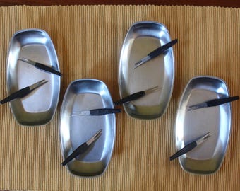 Set of Four Mid-Century 1960's Stainless Steel Snack Serving Trays and Forks