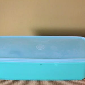 May include: A rectangular, turquoise plastic container with a matching light blue lid. The lid has a slightly frosted appearance and a circular logo in the center. The container is sitting on a tan and brown striped surface.