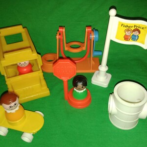 May include: A set of vintage Fisher-Price Little People toys, including a yellow school bus, a swing set, a stop sign, a fire hydrant, and two figures. The toys are made of plastic and are in good condition.