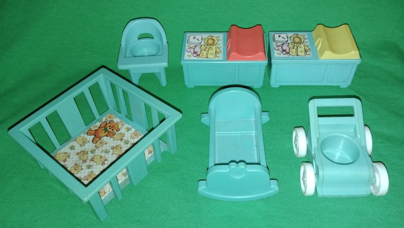 1970s Fisher-Price Little People Nursery Furniture Assortment Blue zdjęcie 2