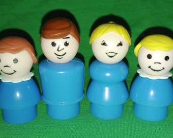 1970s Fisher-Price Little People Figures ~ Family of 4 Blue Team