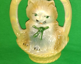 Vintage Glazed Porcelain Orange/White Kitty in Basket