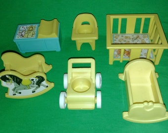 1970s Fisher-Price Little People Nursery Furniture Yellow Assortment