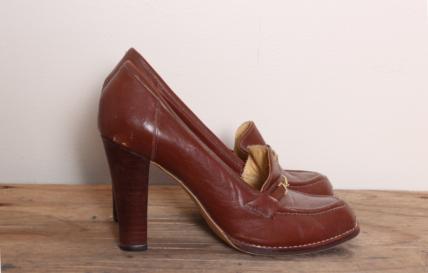 Vintage loafer heels 70s stacked Heels Oxford Shoes Heeled | Etsy