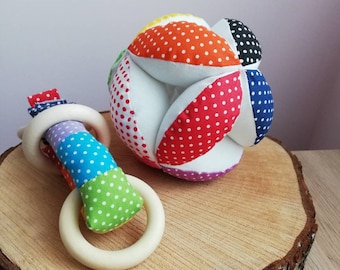 Polka dots ball, puzzle ball , wood teether toy , Montessori baby toy, fabric ball, baby fabric set, baby gift set, Teething toy