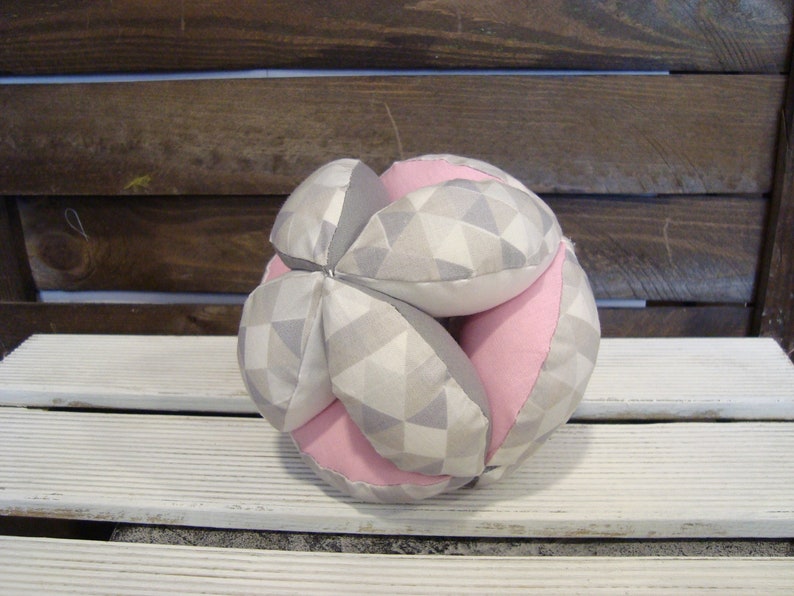 Triangles pink puzzle ball, Montessori baby toy, fabric triangles ball, gray ball, pink ball, pink nursery, triangles nursery image 1