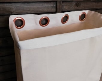Unbleached Cotton Canvas Laundry Hamper: Brass Grommets, Hanging Storage white linen, Width 19 inches