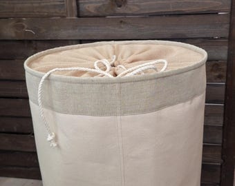 Unbleached Cotton Canvas Laundry Hamper with Divider: Eco-Friendly Toy Storage, Diameter 14 inches