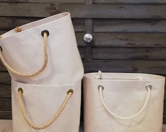 Canvas Storage Bucket Set: Boho Fabric Organizer with Hemp Handles