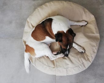 Linen Round Dog Bed Cover, Custom Zippered Washable Duvet