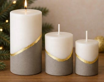 Vela de pilar de hormigón de piedra bicolor: minimalista, hecha a mano, decoración moderna, cera mineral de soja, opción de acento dorado.