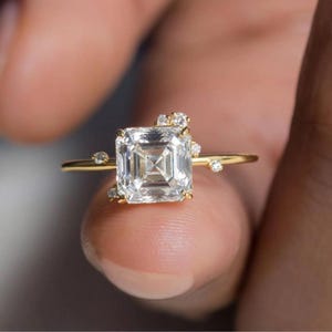 Lab Grown Asscher Cut Diamond Engagement Ring: Pave Setting, Solid Gold