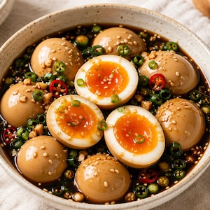 May include: A ceramic bowl filled with marinated soft-boiled eggs in a dark soy-based sauce. The dish features whole and halved eggs with bright orange yolks, garnished with sliced green chili peppers, red chili rings, and toasted sesame seeds.