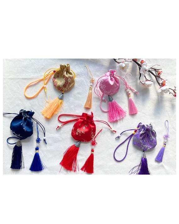 Korean Embroidered Pouch & korean Norigae Set | Color Matching Korean Traditional Gift | Red Yellow Purple Pink Blue