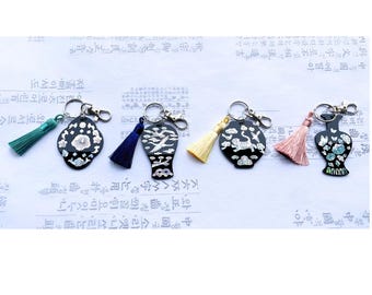 Korean Mother of Pearl Keychain – Handmade Traditional Designs (Crane, Hibiscus, Peony, Tiger) on Black Acrylic,Koreatraditional,Korea lover