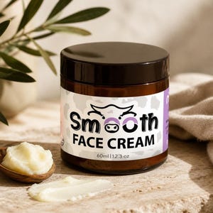 Op de afbeelding: Een bruine pot Smooth Face Cream met een zwart deksel en een wit etiket met een koeienafbeelding. Het etiket luidt "Smooth Face Cream". Een houten lepel bevat een klodder crème, met een veeg crème ernaast. De pot bevat 60 ml crème.
