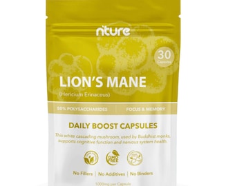 May include: A yellow and white pouch of Lion's Mane daily boost capsules. The package features the brand name "niture" and the text "LION'S MANE" with "30 Capsules". The label highlights "50% Polysaccharides" and "Focus & Memory".