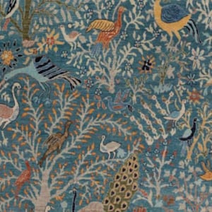 以下が含まれることがあります： 鳥、木、花柄の模様が施された、詳細なデザインのターコイズ色のラグ。孔雀、白鳥、その他の鳥が、様式化された木々や葉の中に描かれています。ラグのサイズは240x300cmです。