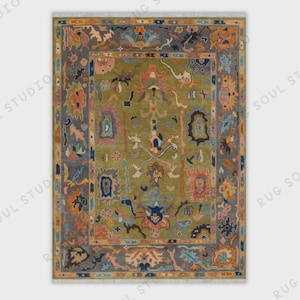 Hand-Knotted Wool Oushak Rug: 8x10 Green Tribal Design, Vintage Persian Style
