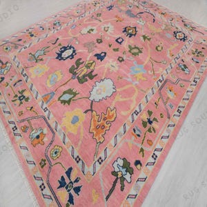 9x12 Pink Oushak Rug – Handmade Hand Knotted Turkish Wool Area Rug with Floral Design, Soft Oriental Carpet for Bedroom or Living Room Rug