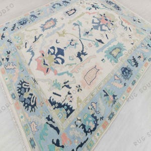 Ivory Blue Oushak Rug – 100% Wool Handmade Turkish Carpet | Colorful Oriental Style Area Rug | Boho Decorative Rug for Living Room