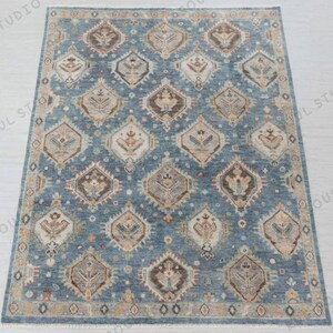 Blue Tribal Oushak Rug 8x10 – Handmade Turkish Wool Area Carpet | Boho Style Bedroom Rug | Vintage Geometric Oriental Design Large Area Rug