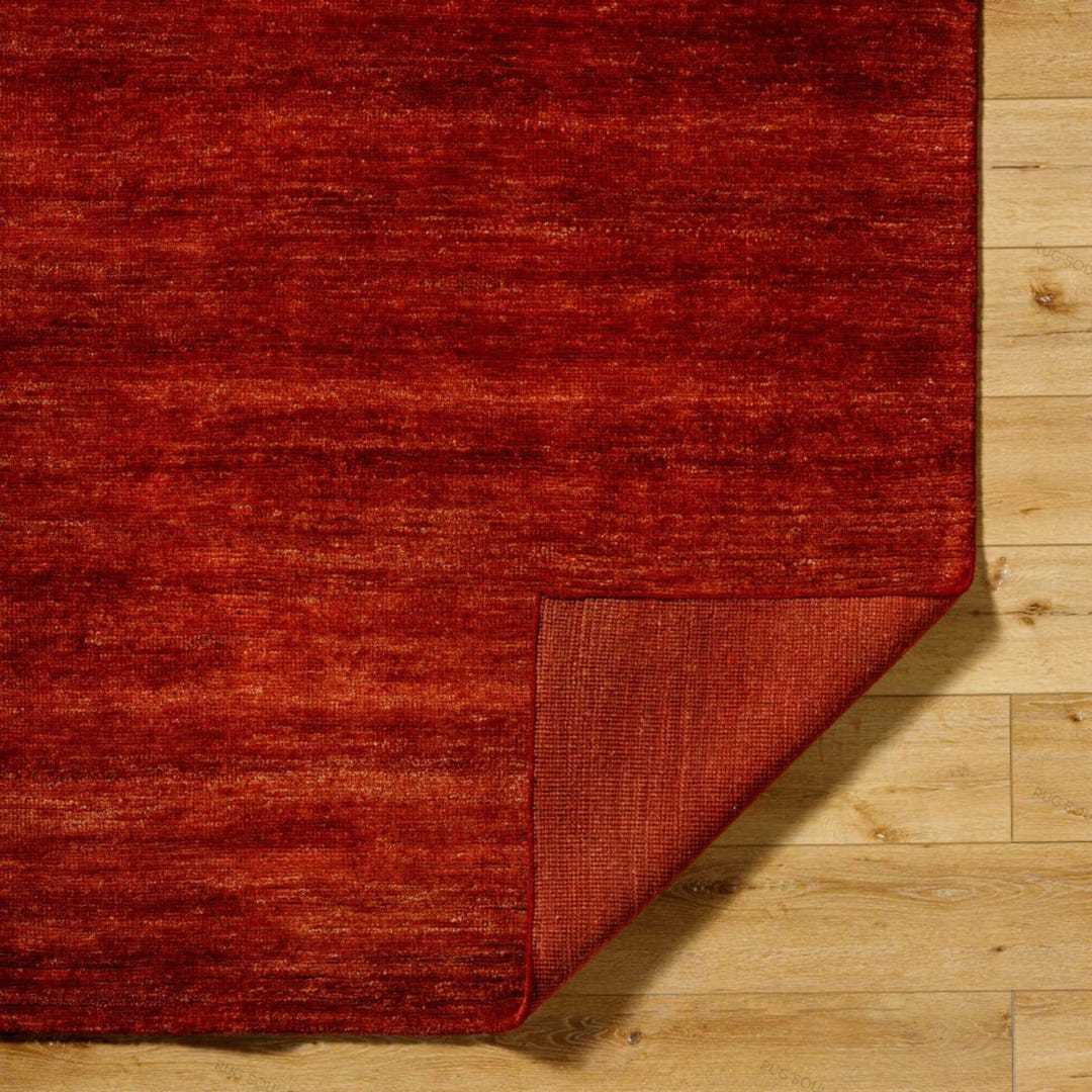 Hand Knotted Wool Solid Area Rug in Deep Rust Red Minimal Plain ...