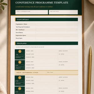 May include: A conference programme template on a clipboard with a gold clip. The document features dark green headers, cream-colored fields, and text including THE BESPOKE PLANNER, CONFERENCE PROGRAMME TEMPLATE, EVENT DETAILS, and PROGRAMME.
