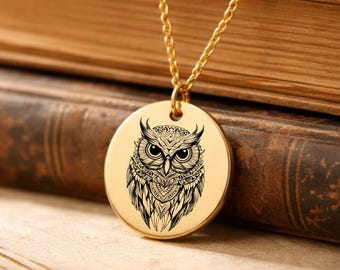 Vergulde uilketting met heilige geometrie gravure Wijsheidsketting Wijze uil hanger dieren in het wild lasergegraveerde cadeaus voor haar en hem