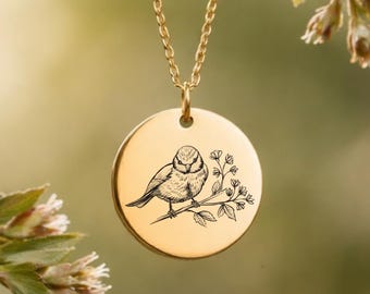 Gegraveerde musketting, botanische ketting kleine vogel, veerkrachtcadeau, ketting blijven gaan, cadeau vriendin