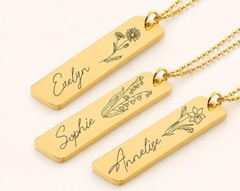 Personalized Birth Flower Name Bar Necklace, Custom Engraved Floral Pendant Gift