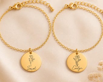 Geboortebloemarmband met naam, gepersonaliseerde geboortebloemsieraden, op maat gemaakte gegraveerde armband, verjaardagscadeau voor haar, cadeau cadeau