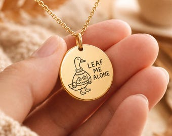 Leaf Me Alone Goose Necklace, Sweater Weather Gift, Funny Fall Jewelry, Custom Engraved Cozy Introvert Gift