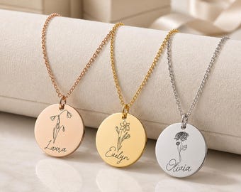 Geboortebloemketting met naam, gepersonaliseerde sieraden geboortemaand, aangepaste munthanger, bloemen gegraveerd cadeau voor haar