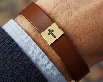 Kruisarmband heren, op maat gegraveerde gepersonaliseerde geloofssieraden voor hem, veganistische leren manchet met geheime boodschap, religieus cadeau